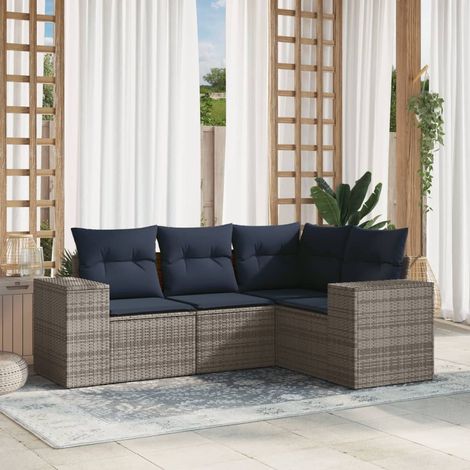 Salon de Jardin 4 Pièces Canapé Modulaire en Résine Tressée Grise et Coussins Bleu Marine - PANGIVO (1/5)