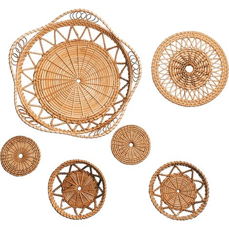 Conjunto de decoración de pared rústica moderna hecha de ratán color caqui – 6 piezas (10 cm, 14 cm, 20 cm, 32 cm) (1/5)