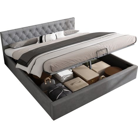 Lit coffre en velours gris 180 x 200 cm avec tête de lit capitonnée, sommier relevable hydraulique et rangement intégré – CHICFURN pour chambre moderne (1/5)