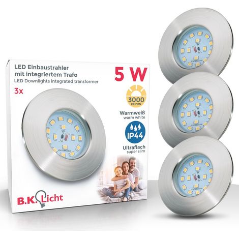 Einbauspot 3er Set 60mm Lochmaß - 230V, 4,8W, 400lm, LED, IP44, warmweiß, matt-nickel
