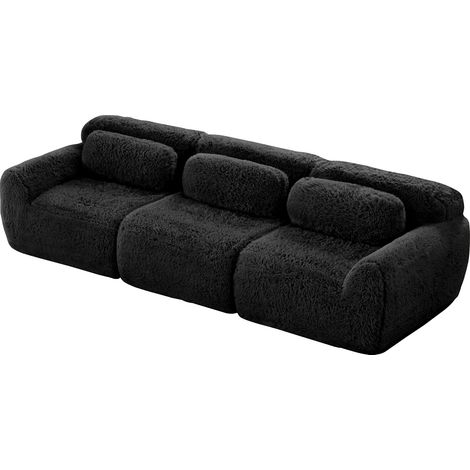 Canapé profond 3 places, tissu peluche premium, modulaire, base antidérapante, sans montage, avec coussins, soutien ergonomique, mousse haute élasticité, idéal pour salon, noir (1/5)