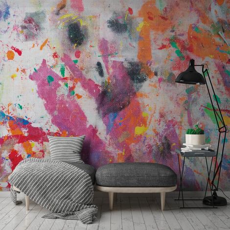 Fotomural Profhome 382521 papel pintado vinílico estampado en caliente tejido non tejido liso con dibujo gráfico mate morado naranja amarillo verde 3,71 m x 2,8 m