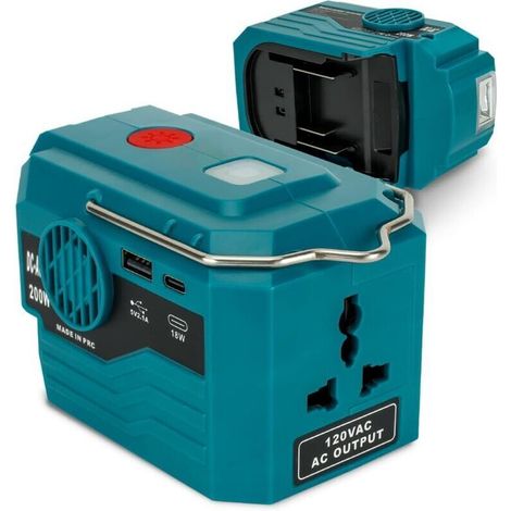 200-W-Wechselrichter für Makita 18-V-Akkus, tragbare Powerstation (18 V Gleichstrom auf 110–120 V Wechselstrom) mit 1 USB-Anschluss, 1 USB-C-Anschluss und 280-lm-LED-Leuchte für Outdoor-Aktivitäten, C