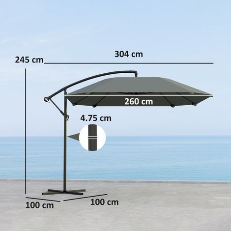 Parasol déporté aluminium Ø 260 cm étanche à manivelle, support, système anti-vent, inclinable gris foncé pour balcon, jardin et terrasse (1/5)