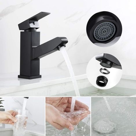 Grifo mezclador para lavabo con rociador extraíble, grifo mezclador de baño negro, altura del grifo 18 mm. (1/3)