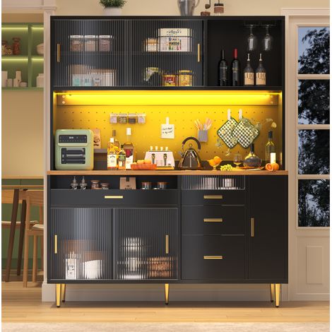 Credenza alta in MDF e vetro nera 145x39x171 cm con LED APP, ripiani regolabili, portabottiglie e cassetto portabicchieri (1/5)