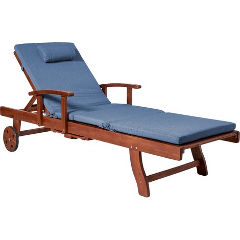 Tumbona reclinable de madera de acacia para jardín con cojín de asiento de tela resistente al agua y a los rayos UV marrón oscuro y azul Toscana Premium