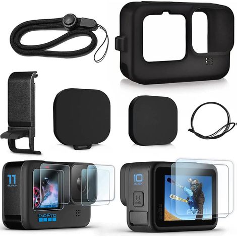 Étui de protection en silicone noir pour GoPro Hero 11/Hero 10/Hero 9, avec dragonne et cache-objectif en silicone pour caméra d'action. (1/5)