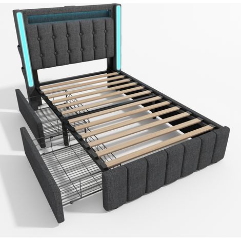 Gepolstertes Einzelbett 90 x 200 cm mit USB, Type-C, LED und 2 Schubladen grau - MODENUIT (1/5)