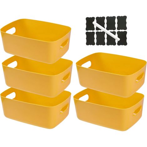 Lot de 5 Paniers Boîtes de Rangement en Plastique avec Poignées,Paniers de Rangement Empilables pour la Cuisine,Paniers & Boîtes de Rangement Cuisine Salle de Bain (Jaune, 30×20×12 cm)