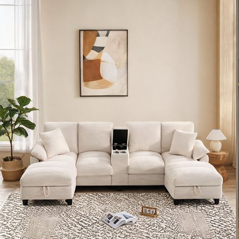 Canapé d'angle en velours côtelé beige avec rangement 293 cm (1/5)