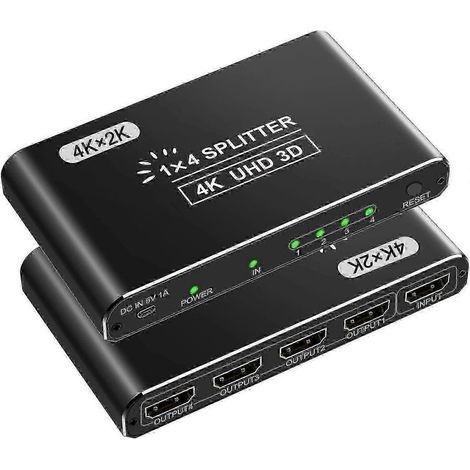 Répartiteur HDMI 4K 2026 avec 1 entrée et 4 sorties pour affichage multi-écrans Ultra HD, compatible avec les doubles moniteurs, PS4, Fire Stick et téléviseurs HD. (1/5)