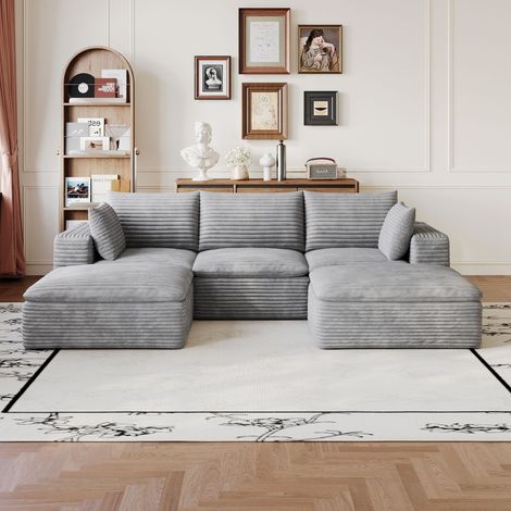 Modulares, U-förmiges Kompaktsofa, 260 cm, aus hellgrauem Cord, abnehmbares Sitzkissen, keine Montage erforderlich, inklusive 2 Hockern