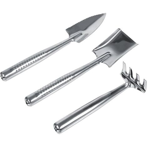 Kit Outils Jardin - Pelle Triangulaire 23,5 cm - Pelle Carrée 21 cm - Râteau 16 cm - Acier Inoxydable - Pour Potager Et Bonsaï - Lot De 3 (1/4)
