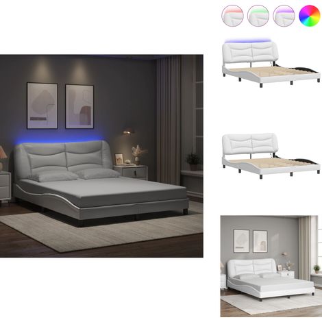 Cadre de lit avec LED sans matelas blanc 160x200 cm - Lit Plateforme - Lit Design - Lit Avec Éclairage Led - Cadre Lit Blanc - Tête De Lit Rembourrée (1/5)