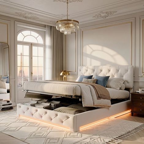 Letto con contenitore - Letto 140x190 beige - Rete a doghe - Testiera regolabile - LED integrato (1/5)