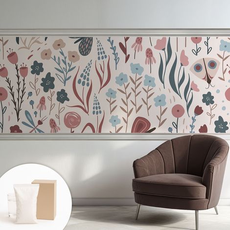 Papier peint intissé mural classique avec imprimé motifs décoratifs design élégant non‑tissé Fleurs et insectes 250x104 cm (1/5)