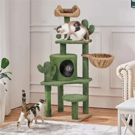 Lit pour chat semi-fermé – niche douillette d’intérieur avec jouet suspendu et coussin amovible lavable, gris, taille L