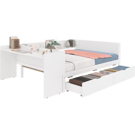 Lit double 140x200 cm avec bureau, 2 tiroirs et 3 étagères, meuble de rangement blanc en bois, pour chambre enfant ou adulte CHICFURN (1/5)