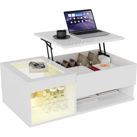 Table basse relevable, 100x55x33 cm, table de salon avec LED RGB et coffre de rangement, en bois laqué haute brillance et verre , Blanc (1/5)