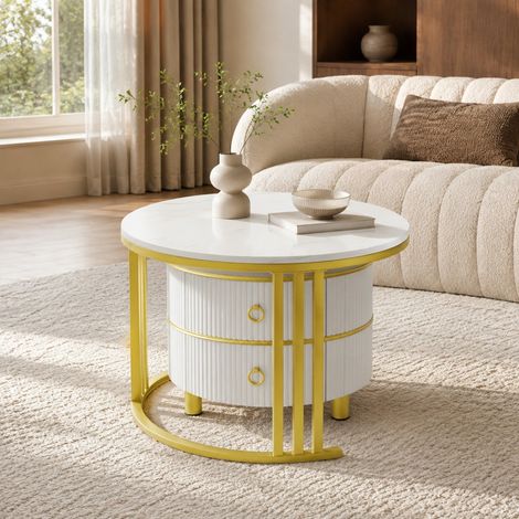 Tavolino da caffè rotondo 2-in-1 70 x 70 x 46 cm e 50 x 50 x 40 cm MDF bianco e dorato HAVRYA (1/5)