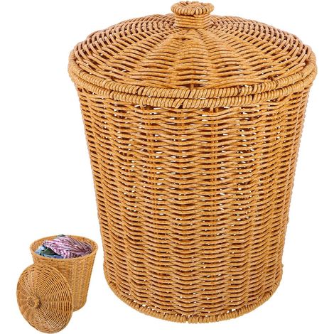 Poubelle en rotin avec couvercle Poubelle portable en osier ronde en plastique Panier de rangement tissé Panier de rangement pour linge sale pour salon, chambre à coucher, salle de (1/5)