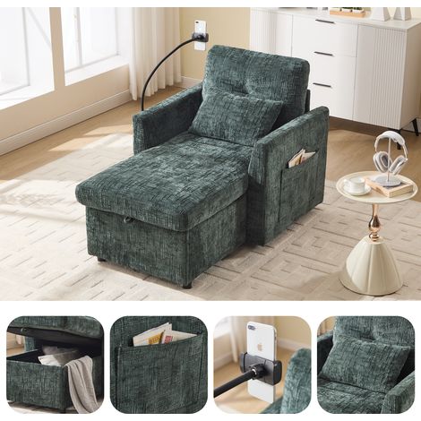 Multifunktionales Liegesofa, Loungesessel mit Handyhalterung, Chenille-Einzelsessel, geeignet für Wohnzimmer, Schlafzimmer und kompakte Wohnungen(dunkelgrünes Chenille)
