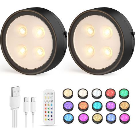 Onumii Wiederaufladbare LED-Küchenleuchte, kabellose Unterbauleuchte, LED-Spot mit Fernbedienung, USB-Batteriebetrieb, 12 dimmbare Farben, Spezialbeleuchtung (2 Stück, Schwarz) (1/5)