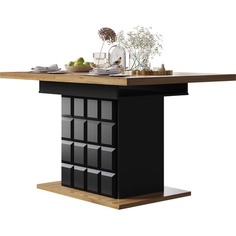 Table à manger extensible 110-140 x 80 cm pour 4 à 6 personnes, avec rangement intégré, finition noir et bois clair, CHICFURN (1/5)