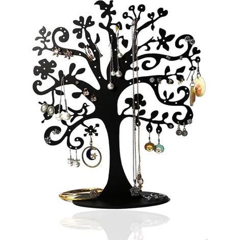 Soporte para pendientes con forma de Árbol de la Vida con 77 pequeños agujeros para colgar pendientes colgantes, metal negro, regalo para niñas (1/5)