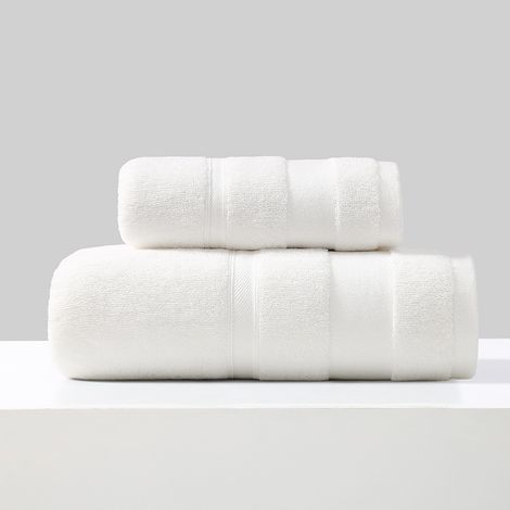 Lot de 2 serviettes de toilette 100% coton, douces et absorbantes, blanches / 34x74cm / 70x140cm (1/5)