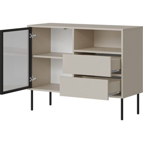 Sideboard Caravino, Anrichte 2 Schubladen, 2 Regale, Türen, Schiebetür, 100x40x80h cm Beige