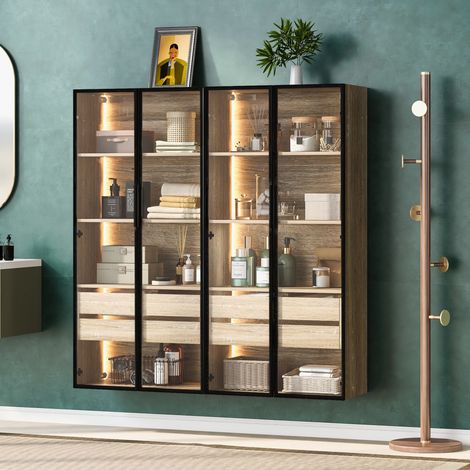 Lot de 2 meubles de salle de bain 73 cm naturel en MDF avec portes en verre dépoli et LED intégrée (1/5)