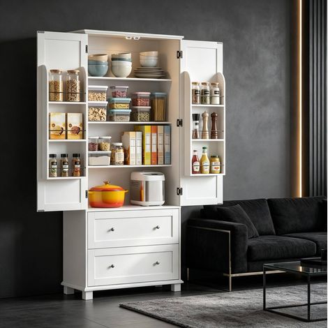 Mobile basso da cucina bianco in MDF con 2 ante, 2 cassetti e ripiani regolabili (1/5)
