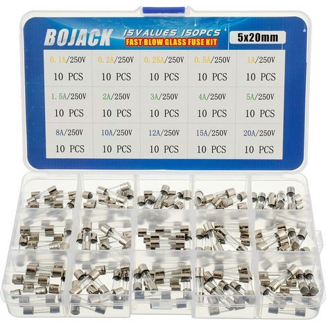 15 Valeurs Assortiment de fusibles en verre avec raccord rapide 150pcs 5x20mm 250V 0,1 0,2 0,25 0,5 1 1,5 2 3 4 5 8 10 12 15 20A Conditionnement en boite plastique transparente (1/5)