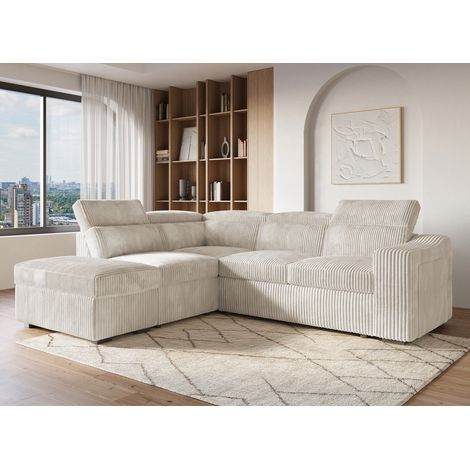 Canapé d'angle convertible avec coffre en velours beige côtelé MARTY - Angle gauche (1/5)