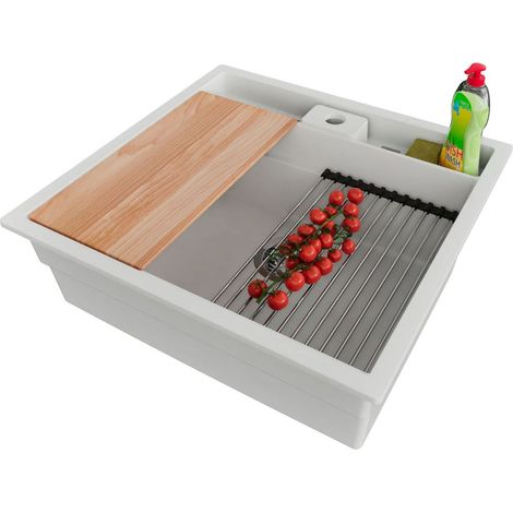 PRIMAGRAN Evier Sous Plan 56x54cm,Evier en Granit 1 bac + Kit de Vidage + Accessoires, Évier au meuble 60cm - Bergen Pocket, Blanc