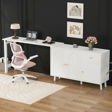 Scrivania e credenza multifunzionale 2 in 1 – girevole a 360°, 3 ante, 1 cassetto – Elegante scrivania per computer, scrivania angolare, toletta, scrivania da scrittura, credenza (1/5)