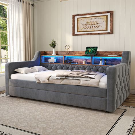 Canapé-lit en velours gris foncé 90x190 cm avec rangement, LED réglable, USB-C et sommier à lattes (1/5)
