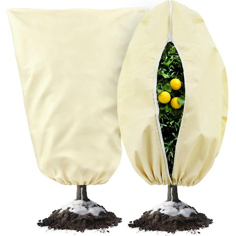 Lot de 2 sacs de protection pour plantes d'hiver, 80 x 120 cm, housses respirantes avec fermeture éclair et cordon de serrage, idéal pour les plantes en pot et les petits arbres, beige (80 (1/5)