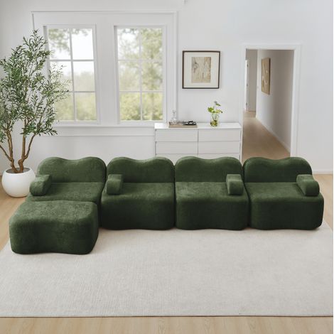 Sofá rinconero modular de 4 plazas con ottoman, forma ondulada, terciopelo verde DESVIAE (1/5)