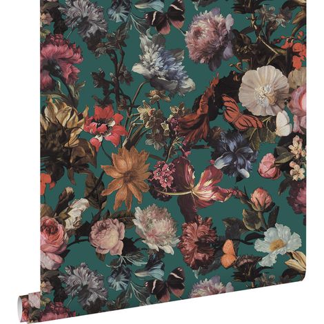 Papier peint intissé fleurs vert émeraude – Dimensions 53 cm x 10,05 m – Raccord sauté – Écologique et facile à poser – Estahome