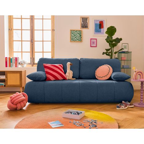 Harper - 3-sizter schlafsofa mit bettkasten aus strukturiertem stoff - blau