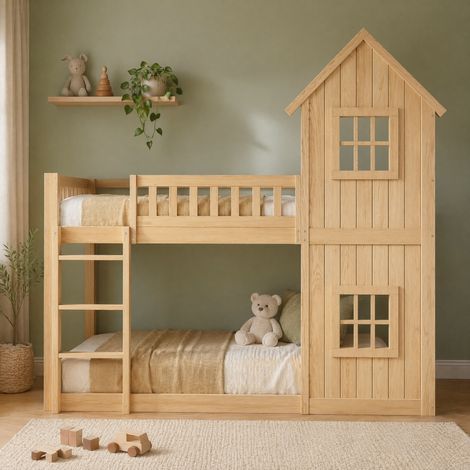 Kinder-Etagenbett 90 x 200 cm mit 2 Fenstern, Hausdesign, 3-stufiger Leiter, Natur HAVRYA (1/5)