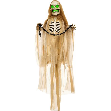 Halloweendekoration, Hängendes Skelett, leuchtender Kopf, unheimliches Heulen, biegsame Arme, Khaki (1/5)
