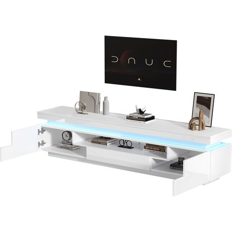 Meuble TV 175x38x45cm avec 2 armoires en L et 1 tiroir, meuble salon brillant avec LED, console TV à rangement semi-ouvert, support TV au sol pour écrans jusqu'à 75 pouces (1/5)