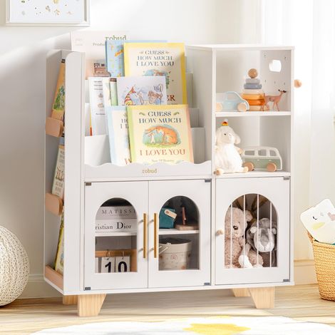 Étagère à Livres pour Enfant, en Bois, Blanche, à Plusieurs Niveaux, avec Zone de Rangement pour Jouets, Armoire pour Grands Livres d'images, Meubles pour Enfants (1/5)