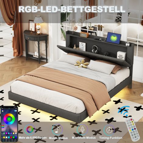 Letto matrimoniale imbottito 160x200 cm con LED e presa USB, rivestimento in lino morbido, grigio (1/5)
