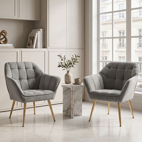 Wahson Fauteuil en Velours, Fauteuil Salon Moderne Lot de 2 Fauteuil Scandinave avec Pied Doré Fauteul Rembourré pour Chambre, Gris