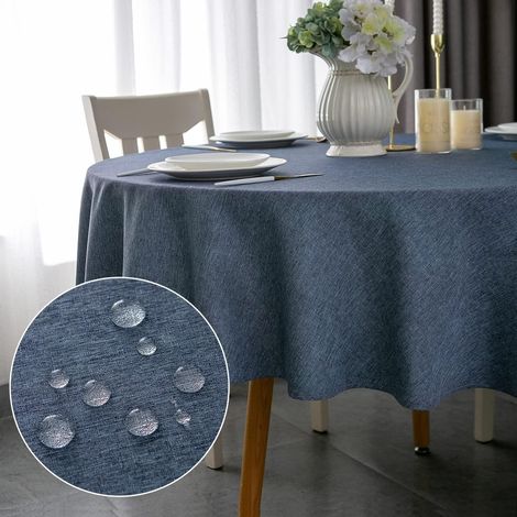 Runde Tischdecke 150cm Blau Fleckabweisend & Wasserdicht Leinenoptik